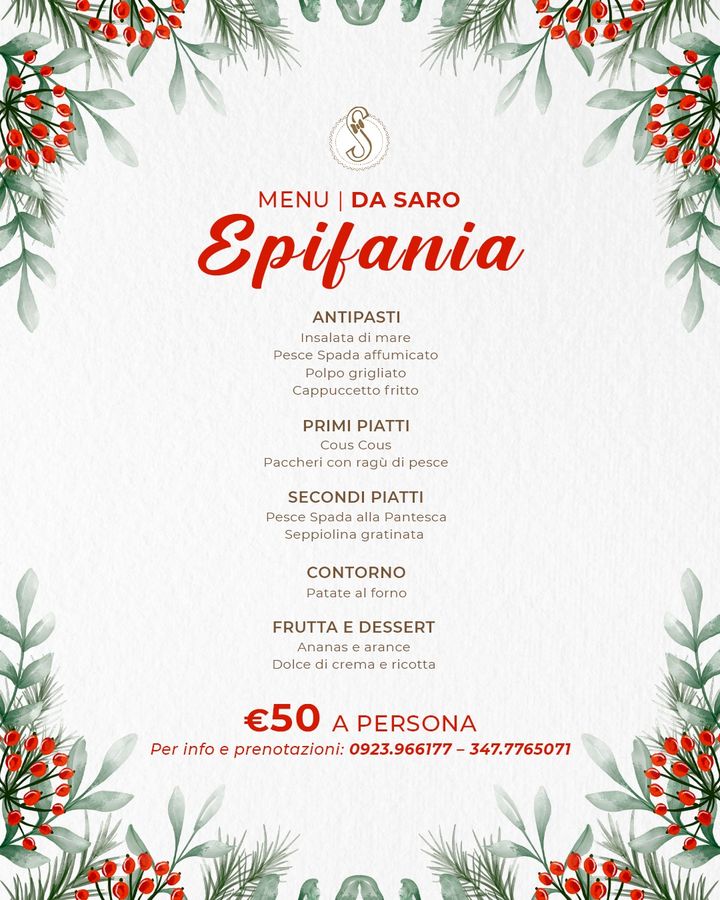 Festeggia da Saro il giorno dell'#Epifania! 🎉

Proponiamo un menu a